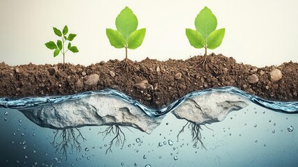 A crosssection of soil, roots, and leaves, visualizing the movement of water in maintaining moisture balance