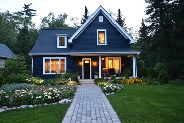 A charming modern suburban house with navy blue siding and white trim