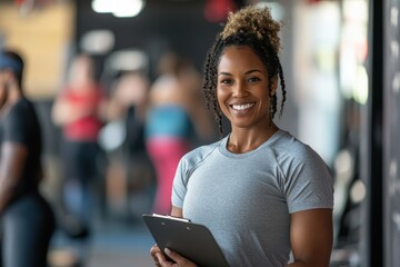 A cheerful fitness instructor holding a clipboard standing in a gym or fitness center
