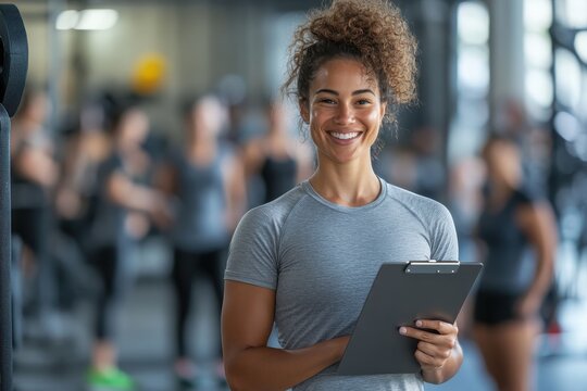 A cheerful fitness instructor holding a clipboard standing in a gym or fitness center