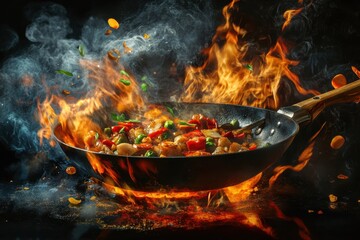 Flaming Wok Stir Fry Vegetable Dish Preparation