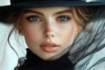 Elegant woman in a black hat with flowing veil exudes timeless sophistication