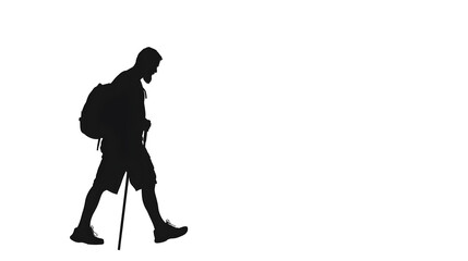 A silhouette of a religious pilgrim walking with a staff, representing journeys in various cultures. Pilgrim walking minimalist.