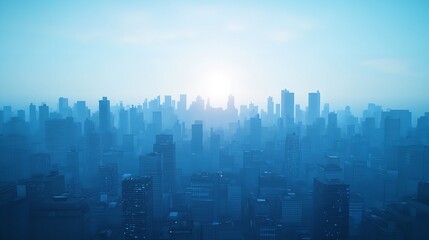 Fototapeta premium A Blue Cityscape Skyline with a Hazy Sun Rising