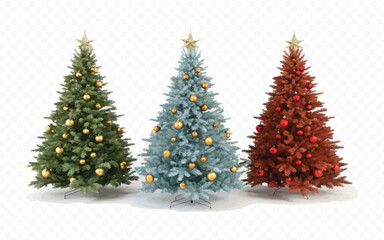 abstract 3d different style Christmas tree with beautiful ornaments isolated on white background