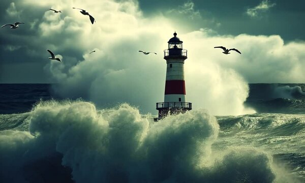Lighthouse enduring the tempestuous sea, a beacon of hope amidst the storm.