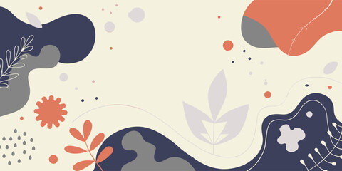 Naklejka premium Modern abstract background featuring a harmonious blend of organic shapes, tropical colors, and minimalist design elements, creating a visually appealing composition