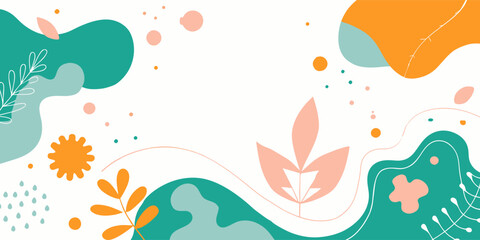 Modern abstract background featuring a harmonious blend of organic shapes, tropical colors, and minimalist design elements, creating a visually appealing composition