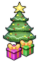 Pixel art Christmas tree with bright lights, colorful ornaments, and a shining star on top.	
