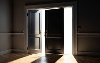 Open double doors revealing bright light in a dark room.