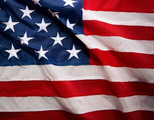  A close up of the US flag waving in the wind for Memorial Day or 4th of July