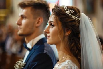 Naklejka premium Romantic Wedding Day Portrait of Loving Couple Embracing Floral Bouquets decorated place church, Generative AI