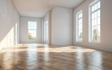 Obraz premium Sunlit empty room with hardwood floors and large windows.