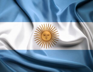 closeup photo of the Argentine flag, blue and white, with the yellow sun in the center, waving
