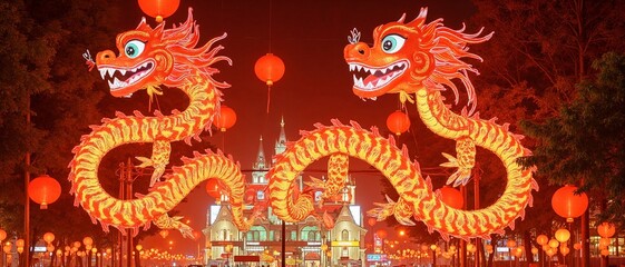 Illuminated dragon sculpture at night during a Chinese festival with vibrant lanterns