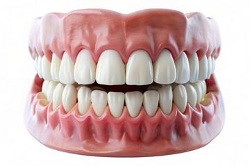 A close up of a fake set of teeth with a blue background