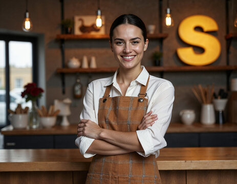 Smiling female entrepreneur in apron with crossed arms standing in front of cashier counter. Woman entrepreneur start up new business. SME business concept. Dollar sign currency background. - Powered by Adobe