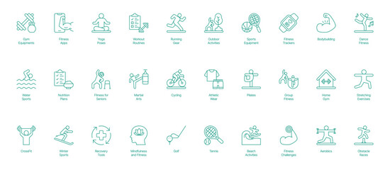 Fototapeta premium Comprehensive Fitness and Lifestyle Icon Set with Settings - Vector Illustrations for Gym Equipment, Fitness Apps, Yoga Poses, Workout Routines, Running Gear, Outdoor Activities, Sports Equipment 