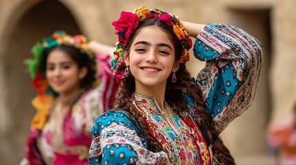 Fototapeta premium Two young women in vibrant traditional attire smile and pose, showcasing colorful floral accessories and rich cultural heritage.