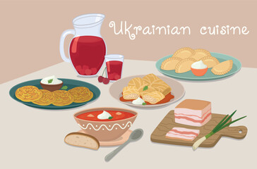 Still life with dishes of Ukrainian cuisine on the table. Cute flat illustration of tasty traditional food