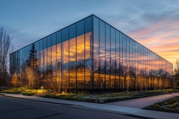 Fototapeta premium A modern glass office building with reflective windows illuminated by warm interior lighting