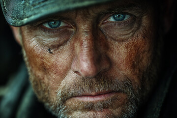 Obraz premium Generative AI Image of Determined Soldier with Intense Eyes and Dirt-Covered Face Reflecting Military Grit