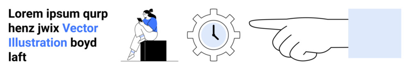 Person using phone while sitting on a block, gear clock symbolizing time, and a hand pointing right. Ideal for productivity, time management, multitasking, digital schedule, efficiency