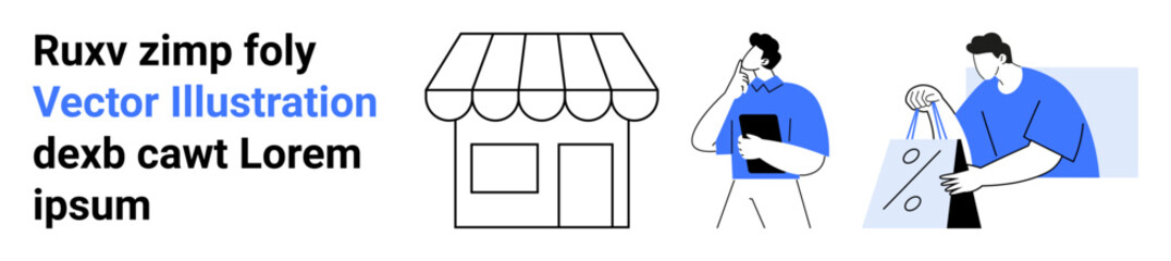 Shop facade with awning, person holding clipboard, shopper with bags. Ideal for retail, e-commerce, local businesses, customer service, marketing entrepreneurship small business. Landing page
