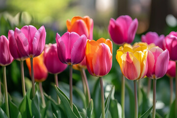 Fototapeta premium Colorful first tulips in field generative ai