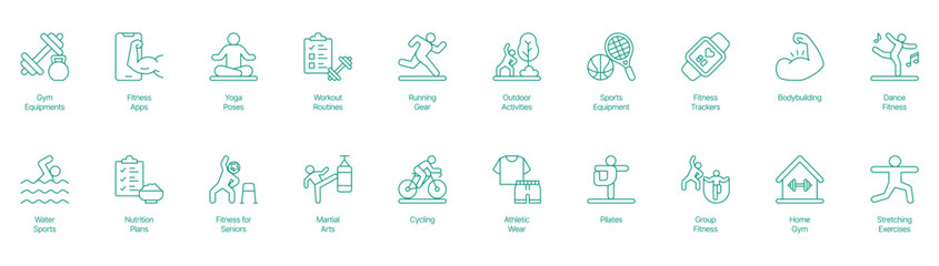 Comprehensive Fitness and Wellness Icon Set - Vector Illustrations for Gym Equipment, Fitness Apps, Yoga Poses, Workout Routines, Running Gear, Outdoor Activities, Sports Equipment, Fitness Trackers 