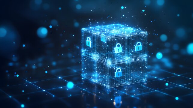 Abstract digital security cube with glowing padlocks.