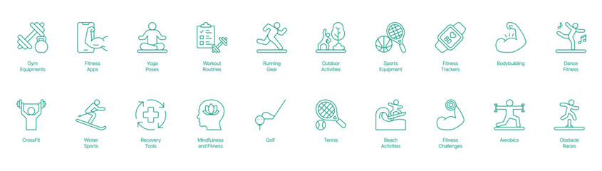Comprehensive Fitness and Sports Icon Set - Vector Illustrations for Gym Equipment, Fitness Apps, Yoga Poses, Workout Routines, Running Gear, Outdoor Activities, Sports Equipment, Fitness Trackers 