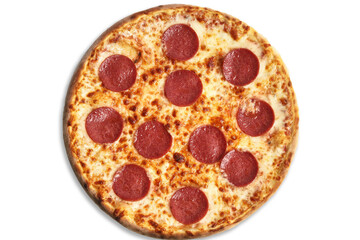 Delicious pepperoni pizza with a golden crust on a white background