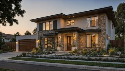 Contemporary Sunset Home with Stone Accents