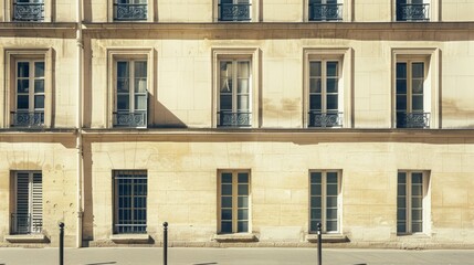 Fototapeta premium Elegant Parisian architecture, minimalist facade, full wall with windows and doors, sunny afternoon, tranquil atmosphere, no people visible.