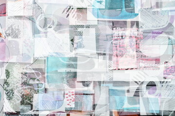 Abstract background, art collage of colorful paper pieces. Multi-colored paint pattern, graphic lines and shapes, samples for layout