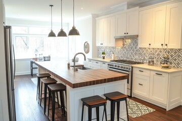 A small kitchen designed with white cabinetry and wooden details. The compact space feels airy with the inclusion of a large window