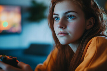 Obraz premium Gamer Immersed in Video Game with Headphones Highlighting Esports and Online Gaming Competition Generative AI