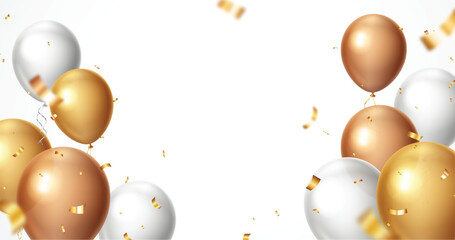 Gold and gray celebrations balloons, confetti and ribbon background