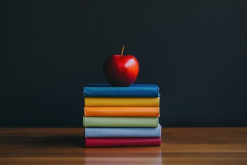 A stack of colorful books with a shiny red apple placed on top, resting on a polished wooden table