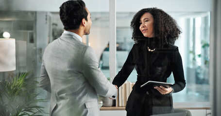 Handshake, meeting and business people in office with tablet for interview, hiring and recruitment....