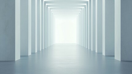 A minimalist corridor with white columns leading to a bright light at the end.