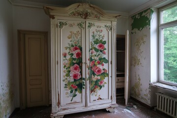 Fototapeta premium A vintage wardrobe with peeling white paint and floral motifs painted on the doors