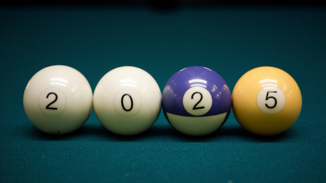four colorful billiard balls with numbers 2025 neatly aligned on a vibrant green table cloth, symbolizing a new year concept