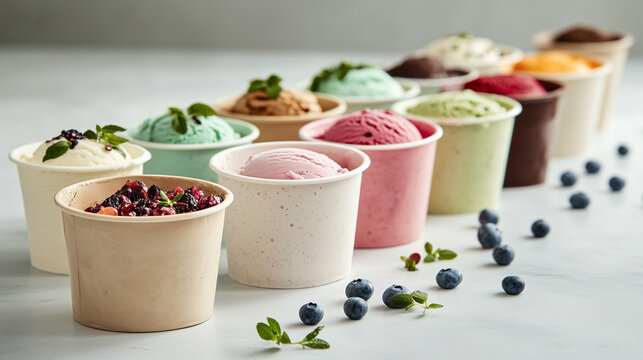 Variety of artisanal ice cream in colorful cups