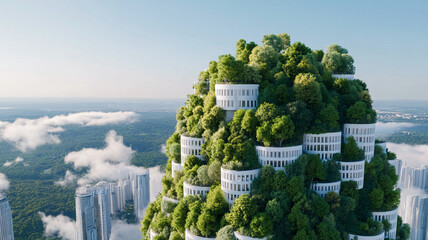 Fototapeta premium A futuristic eco-business district with net-zero buildings, public spaces covered in greenery.