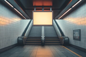 Fototapeta premium Mockup of an empty billboard in a mode close to a staircase. Generative Ai