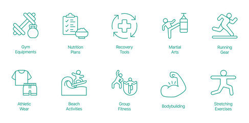 Comprehensive Fitness and Wellness Icon Set - Vector Illustrations for Gym Equipment, Nutrition Plans, Recovery Tools, Martial Arts, Running Gear, Athletic Wear, Beach Activities, Group Fitness 