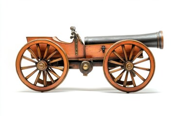 Fototapeta premium Antique cannon on wooden wheels isolated on white background