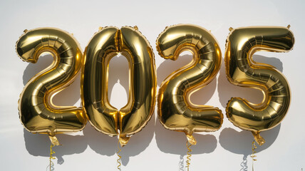 shiny golden gel balloons in the form of the numbers 2025, set against a clean white backdrop, ideal for festive decorations and new year's celebration ideas.